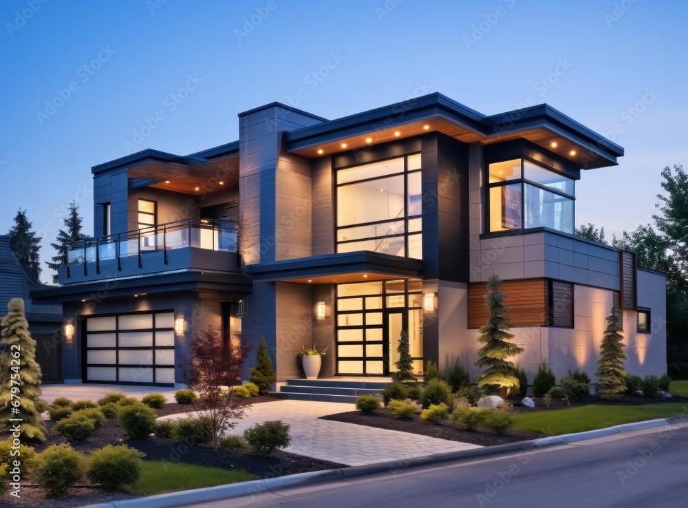 modern home with double garage at dusk