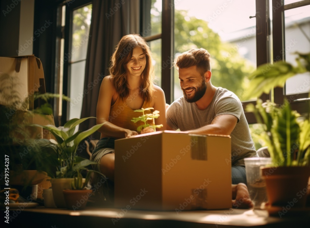 couple moving in new house with plants and boxes etsy