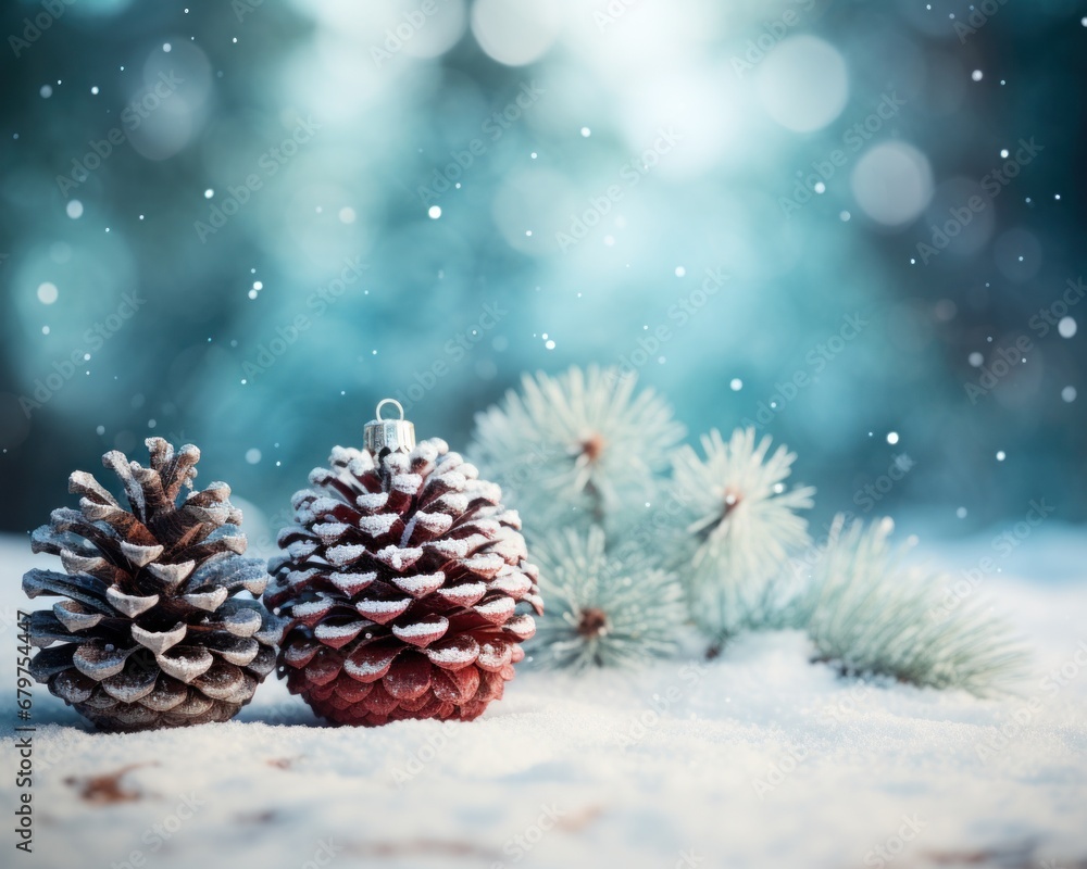 snow and pinecones in the snow behind a christmas background