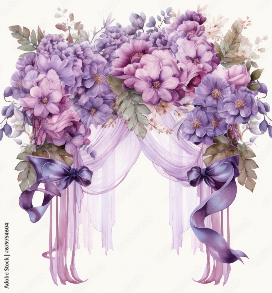 a wedding entrance with flowers and lace, watercolor isolated