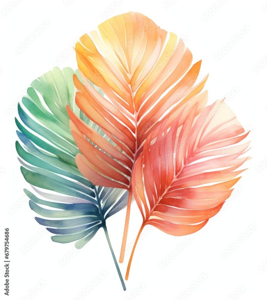 an colorful palm leaf, in watercolor isolated