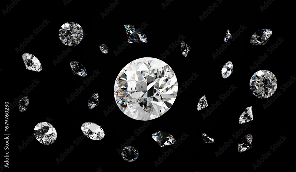 White brilliant diamond group falling in black background 3d rendering