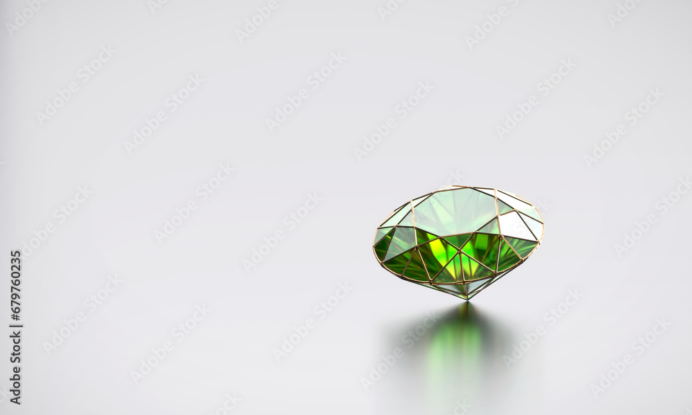 Green emerald isolated on glossy background 3d rendering