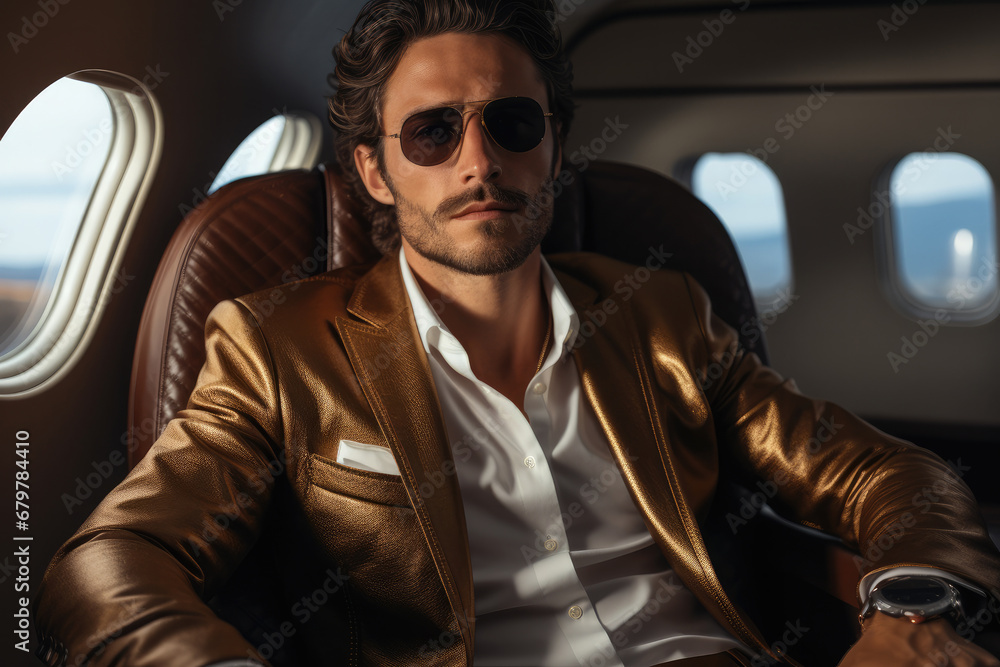 Male model relaxing in private jet, Luxury design trends, High fashion.