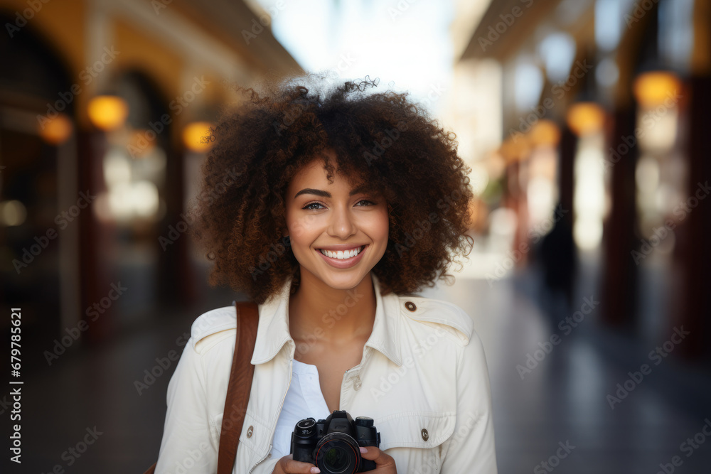 Beautiful African American women smiling wearing a trendy all white dress and jacket.