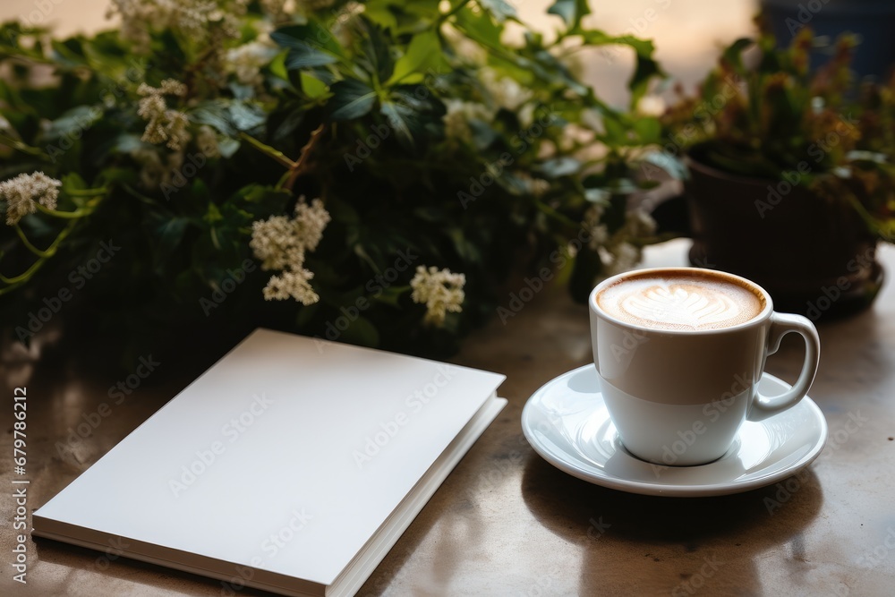 White soft thin book mockup with a coffee on a table.