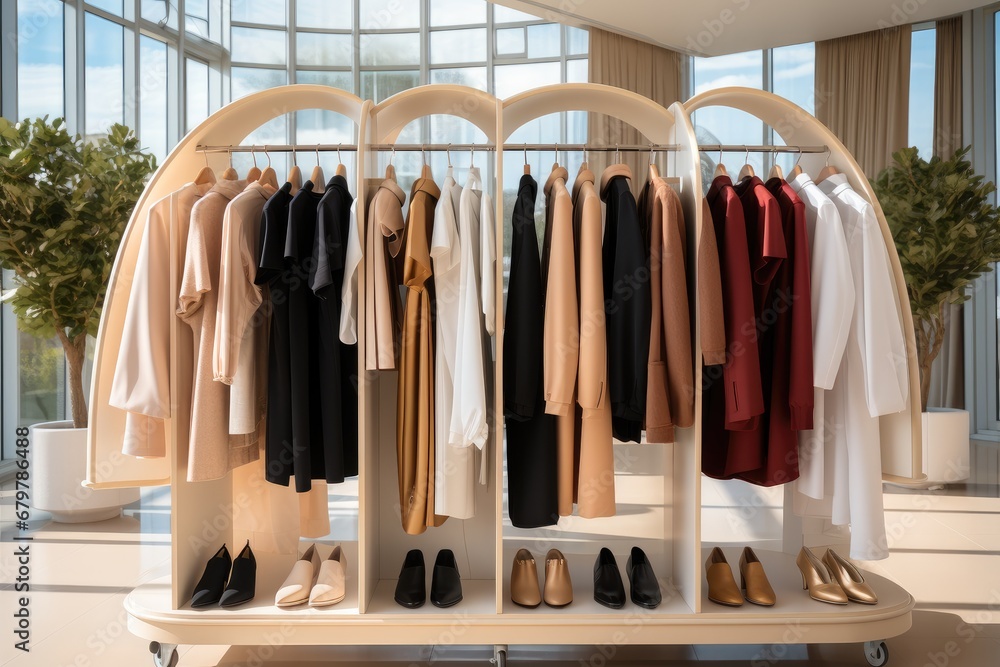 A Fashion stylish luxury clothes display on a rack in a store.