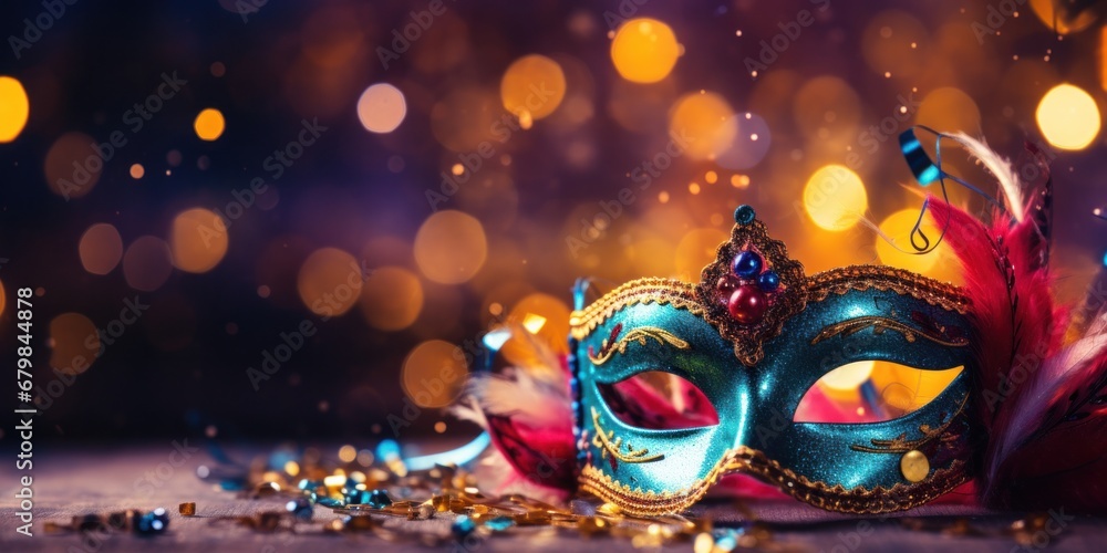 a carnival mask on the bokeh background with lights,