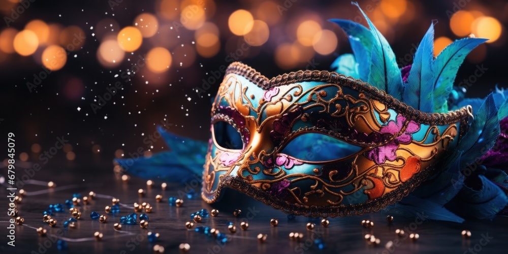 a carnival mask on the bokeh background with lights,