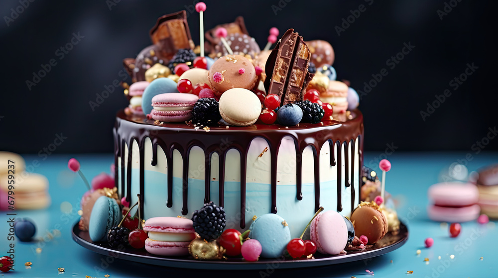 birthday cake with candles, Birthday colorful cake decorated with sweets  poured with  chocolate on a  dark blue background