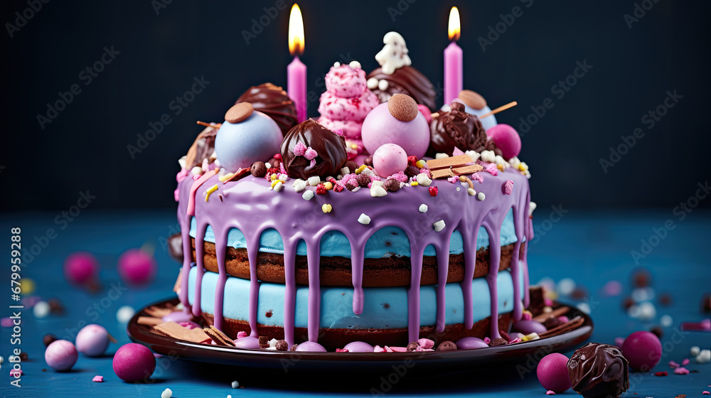 birthday cake with candles, Birthday colorful cake decorated with sweets  poured with  chocolate on a  dark blue background