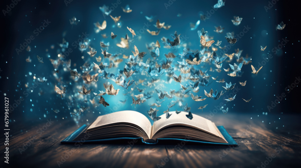 open book with magic light, A blue open book with pages butterfly  flying from it.