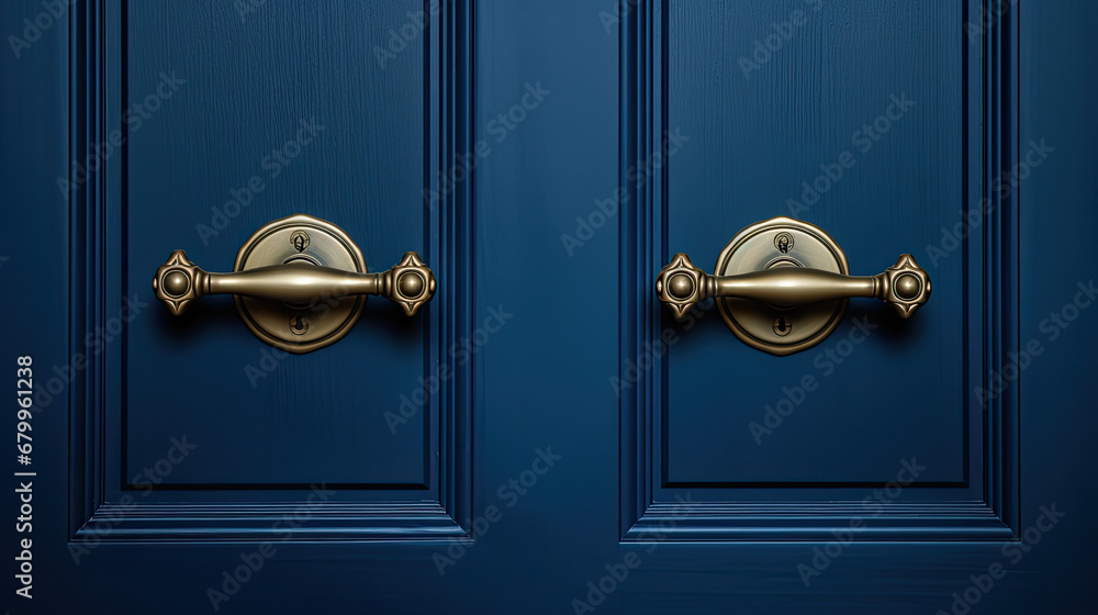 A blue door with a brass handle on dark blue black background