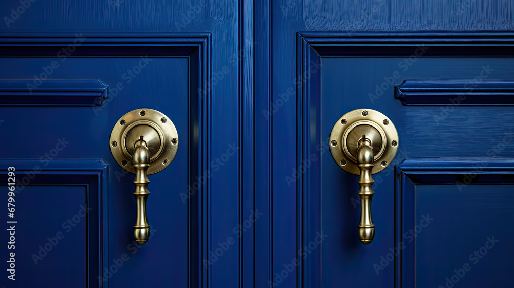 A blue door with a brass handle on dark blue black background