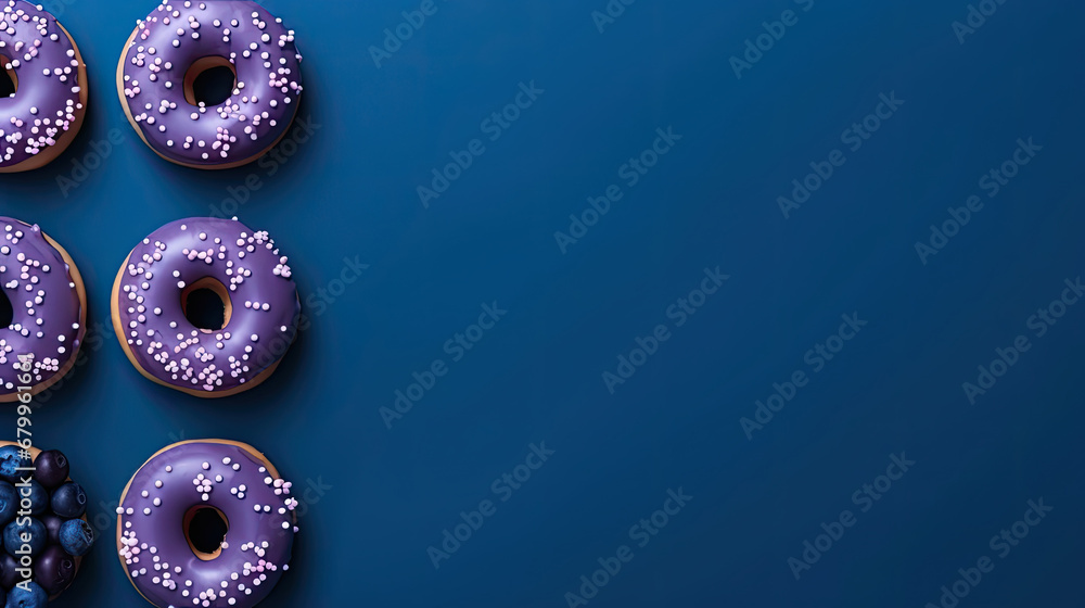 Donuts on dark blue background with copy space, purple donuts