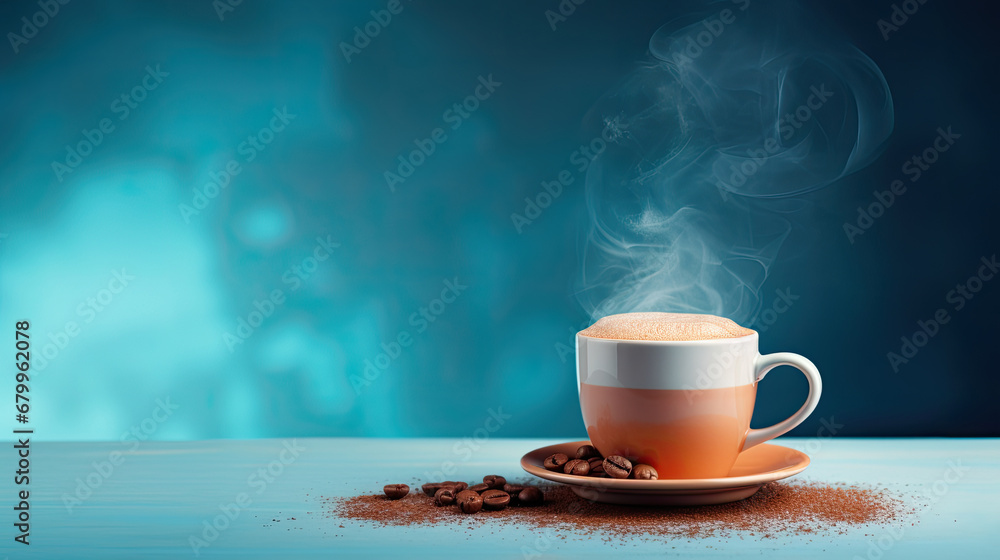 Cup of hot coffee with an alarm clock on blue background..Good morning concept. Aroma, hot morning drink. Morning time concept. retro alarm clock and cup on background. wake up, Good morning. 