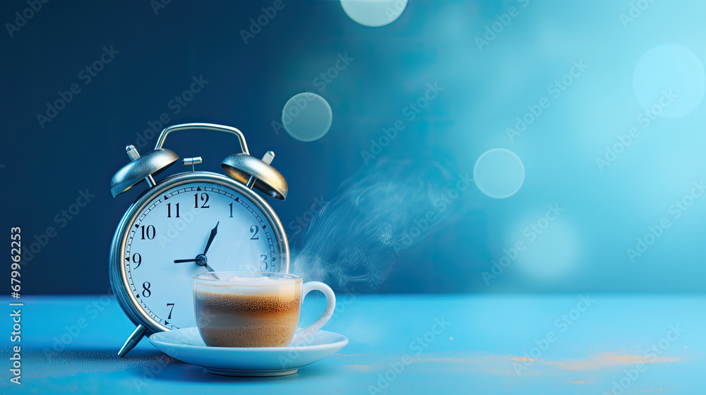 Cup of hot coffee with an alarm clock on blue background..Good morning concept. Aroma, hot morning drink. Morning time concept. retro alarm clock and cup on background. wake up, Good morning. 