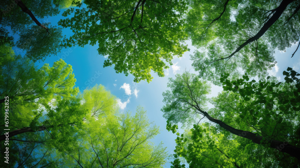 green leaves and sky, Clear blue sky and green trees seen from below. Carbon neutrality concept presented in a vertical format. Pictures for Earth Day or World Environment Day desktop backgrounds.