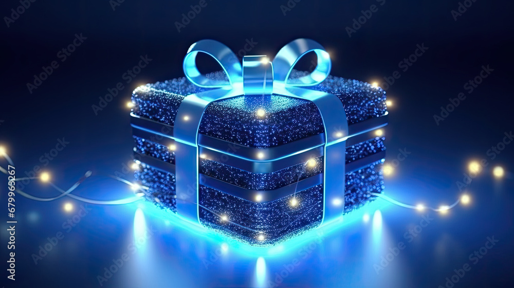 blue christmas gift box on a dark background