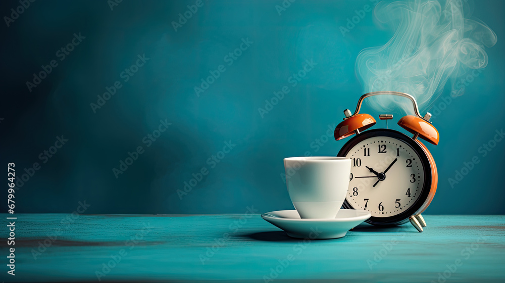 Cup of hot coffee with an alarm clock on blue background..Good morning concept. Aroma, hot morning drink. Morning time concept. retro alarm clock and cup on background. wake up, Good morning. 