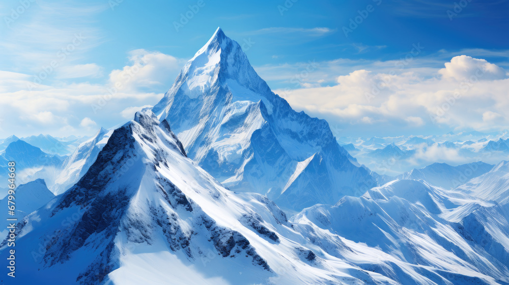 snowy mountain landscape,snow covered mountains, Majestic snowy mountain peak towering above the clouds, its pristine white slopes contrasting against the deep blue sky