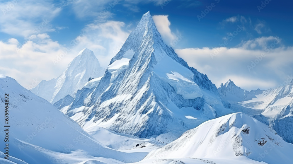 snowy mountain landscape,snow covered mountains, Majestic snowy mountain peak towering above the clouds, its pristine white slopes contrasting against the deep blue sky