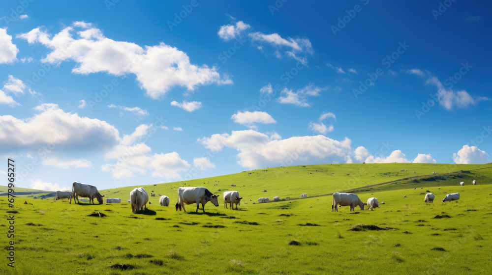 cows in a field, Herd of cows in a green meadow below a blue sky in sunlight in spring