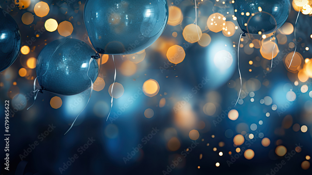 Graduation celebration background with dark blue and gold blur bokeh 