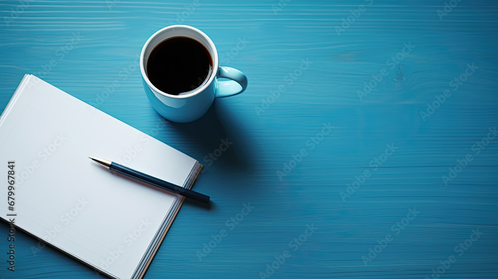 notebook and pen on the table, Notepad on a table with pen before meeting blue cup