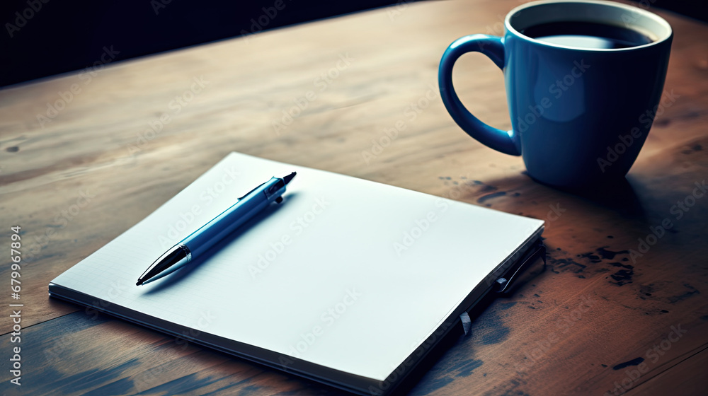 notebook and pen on the table, Notepad on a table with pen before meeting blue cup