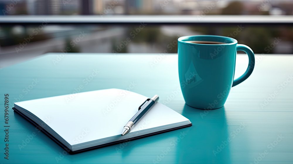 notebook and pen on the table, Notepad on a table with pen before meeting blue cup