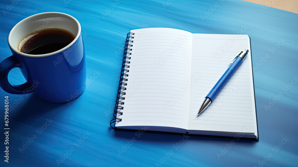 notebook and pen on the table, Notepad on a table with pen before meeting blue cup