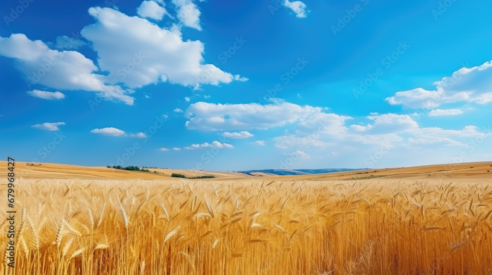 wheat field and blue sky, Yellow agriculture field with ripe wheat and blue sky with clouds over it. Field harvest