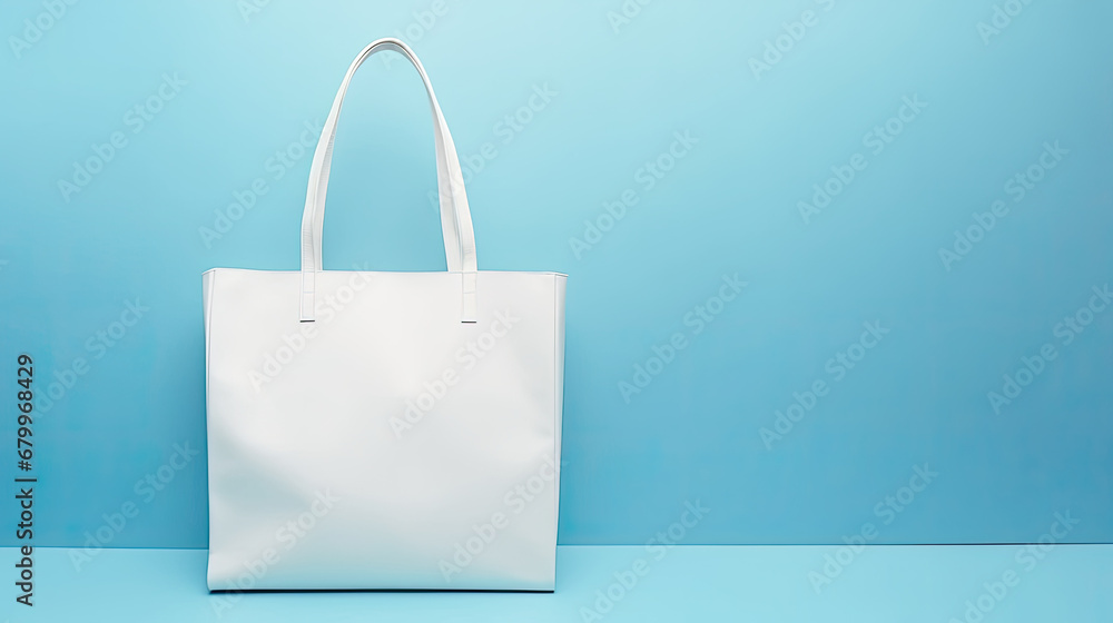 white paper bag on blue background, white blank tote bag mock up design