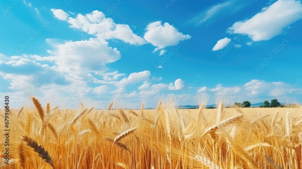 wheat field and blue sky, Yellow agriculture field with ripe wheat and blue sky with clouds over it. Field harvest