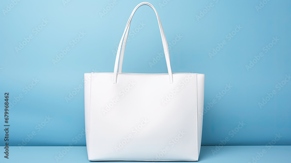 white paper bag on blue background, white blank tote bag mock up design