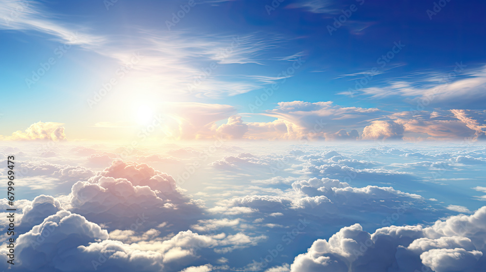 blue sky with clouds and sun, Sun light shining brightly on blue sky above thick layer of white fluffy clouds ,