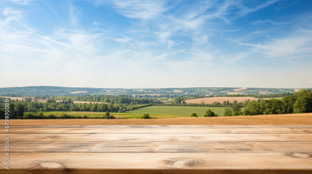  empty wooden brown table top with blur background of farmland and blue sky.