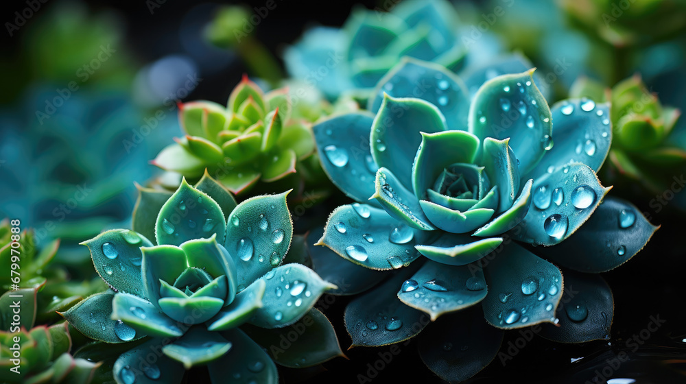 close-up of green blue  succulent   plant covered with water drop. Water preservation concept.