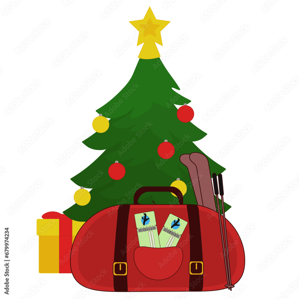 Christmas tree with packed suitcase and tickets on white background