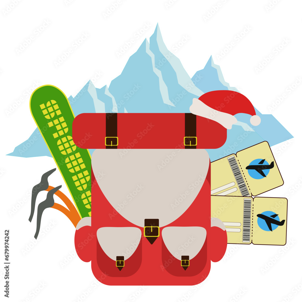 Backpack with tickets and ski equipment on white background