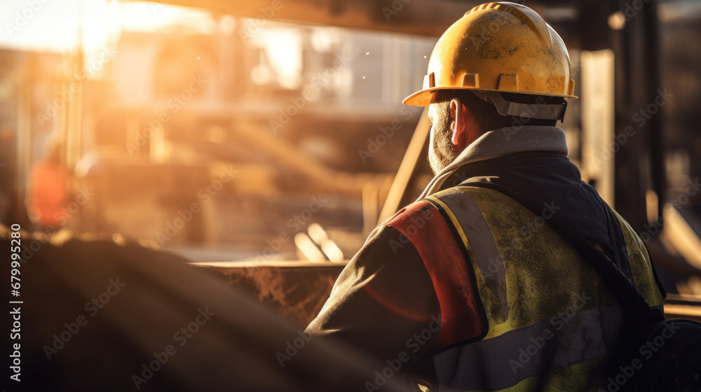 A construction worker wearing safety gear while operating heavy machinery on construction site.