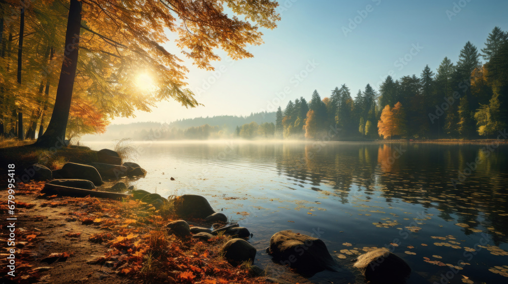 Autumn landscape with lake and trees.