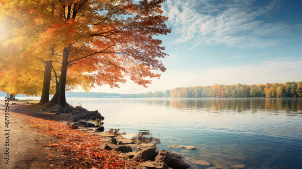 Autumn landscape with lake and trees.