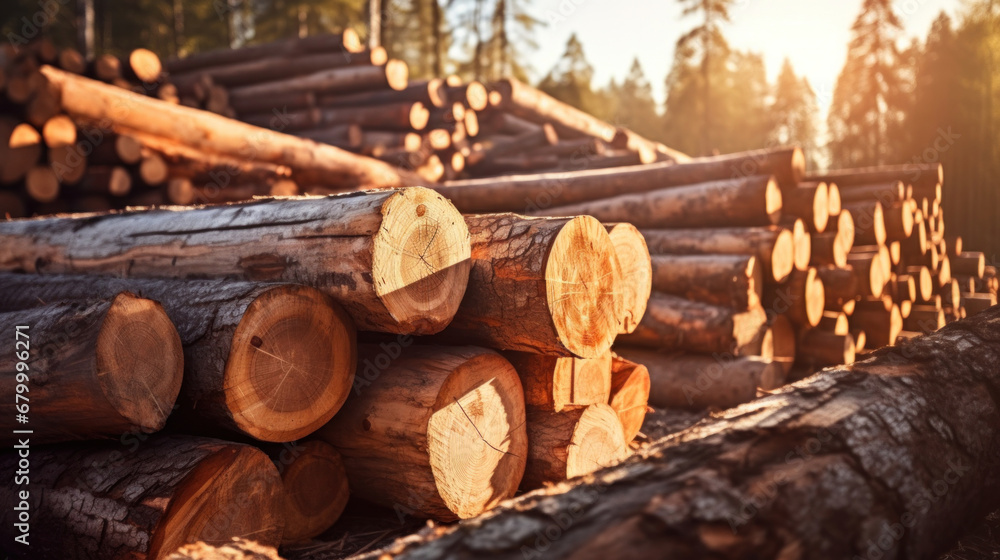 Group of Log trunks pile, Wooden trunks pine, Logging timber wood industry.