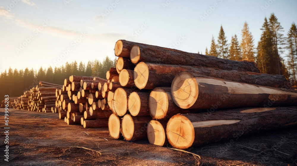 Group of Log trunks pile, Wooden trunks pine, Logging timber wood industry.