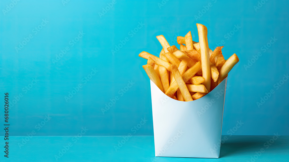 french fries on blue background,