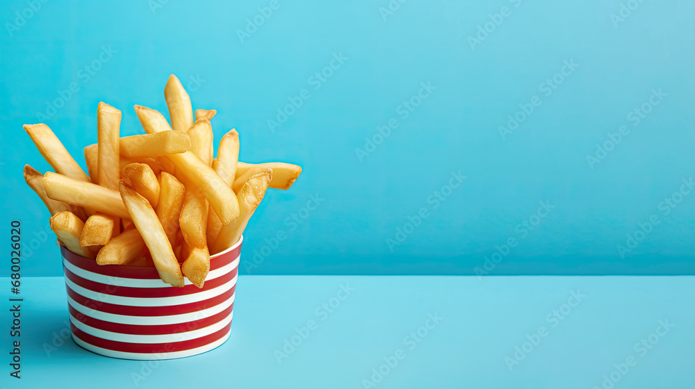 french fries on blue background,