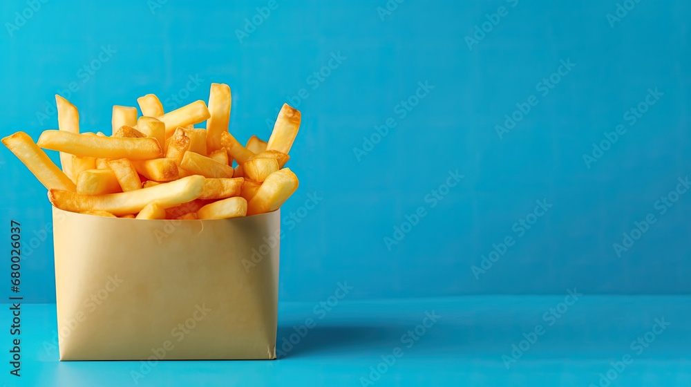 french fries on blue background,