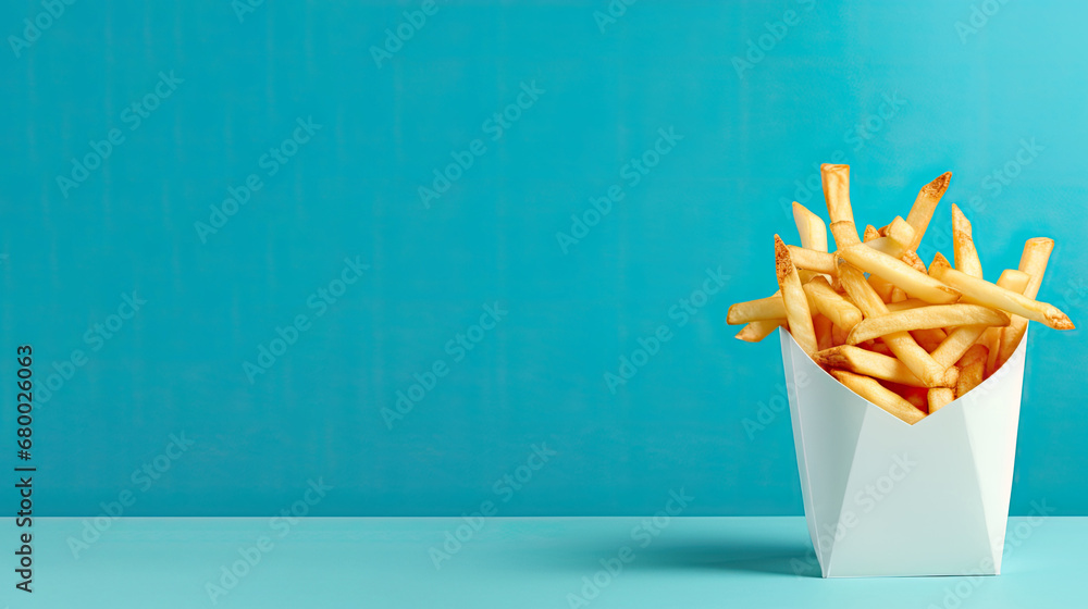 french fries on blue background,